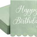 100 Pcs 2-Ply Happy Birthday 5" x 5" Sage Green Cocktail Napkins Light Green Scalloped Napkins Disposable Beverage Dessert for Birthday Party Supplies Decorative