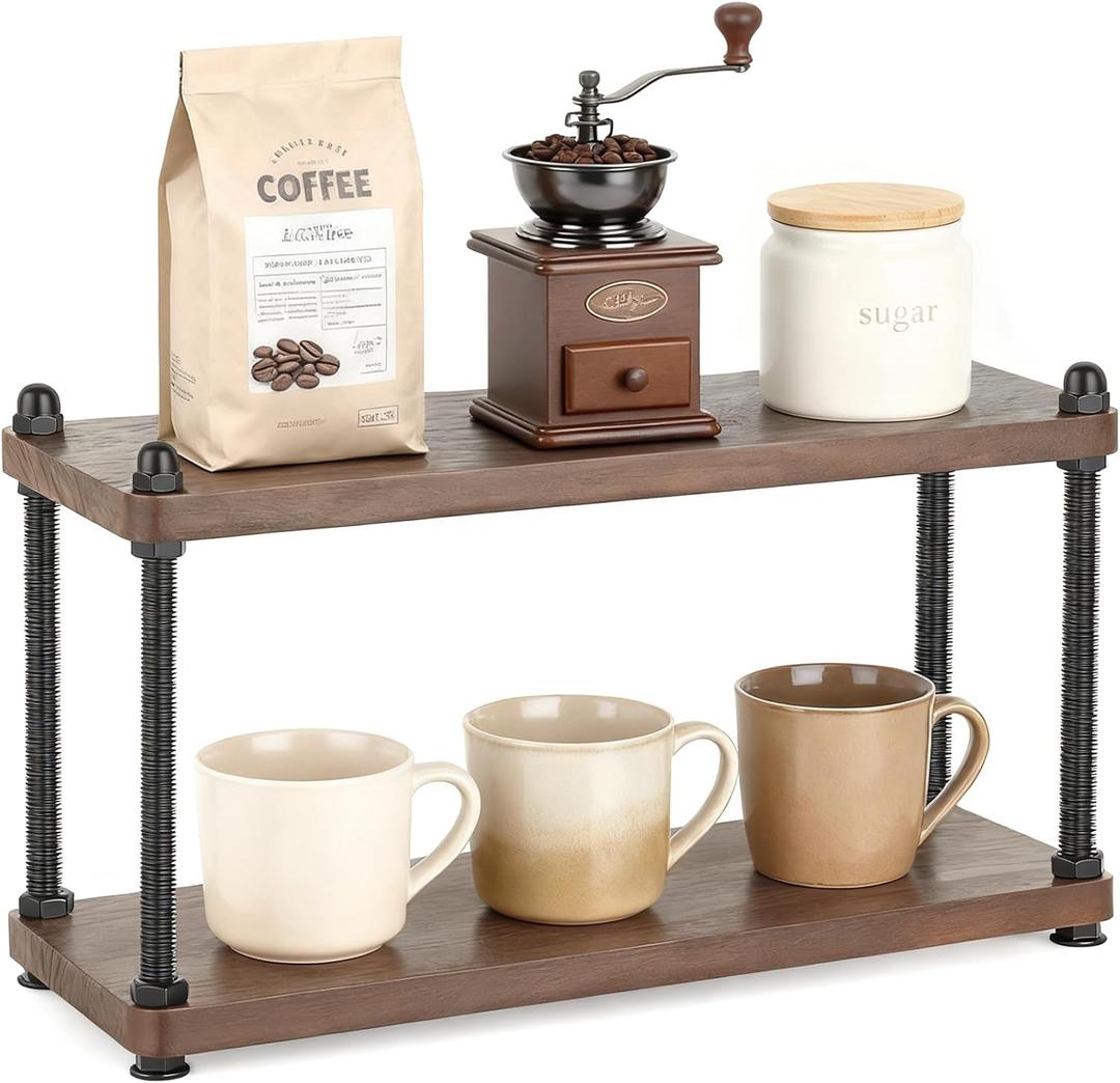 Mkono Coffee Station Organizer Wooden Mug Holder for Countertop Cup and Mug Shelf for Coffee Bar Accessories Rustic Matcha Stand 2 Tier Storage and Display Rack for Tea Cups Kitchen Office (Brown)