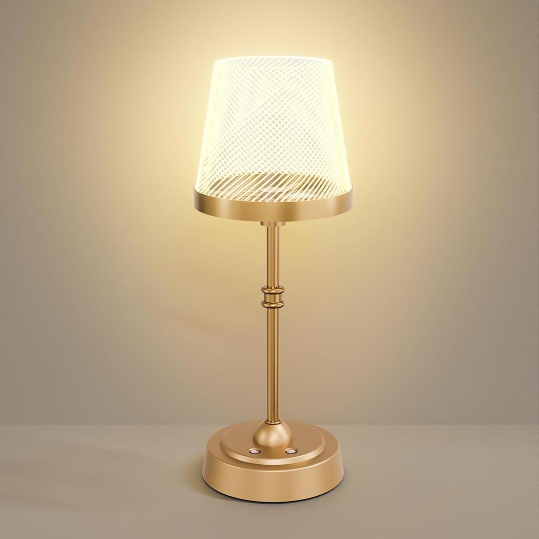 Cordless Table Lamp, Rechargeable LED Desk Lamp, 6000mAh Battery Operated Lamp, 3 Color Stepless Dimming, Portable Touch Lamp, Bedside Table Lamp for Living Room Bedroom Restaurant Night Light, Gold
