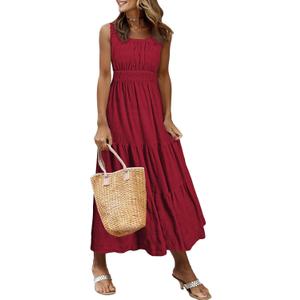 AlvaQ Women Summer Dresses Sleeveless Smocked Midi Dress High Waist Casual Tiered A Line Sundress with Pockets (Red, S)