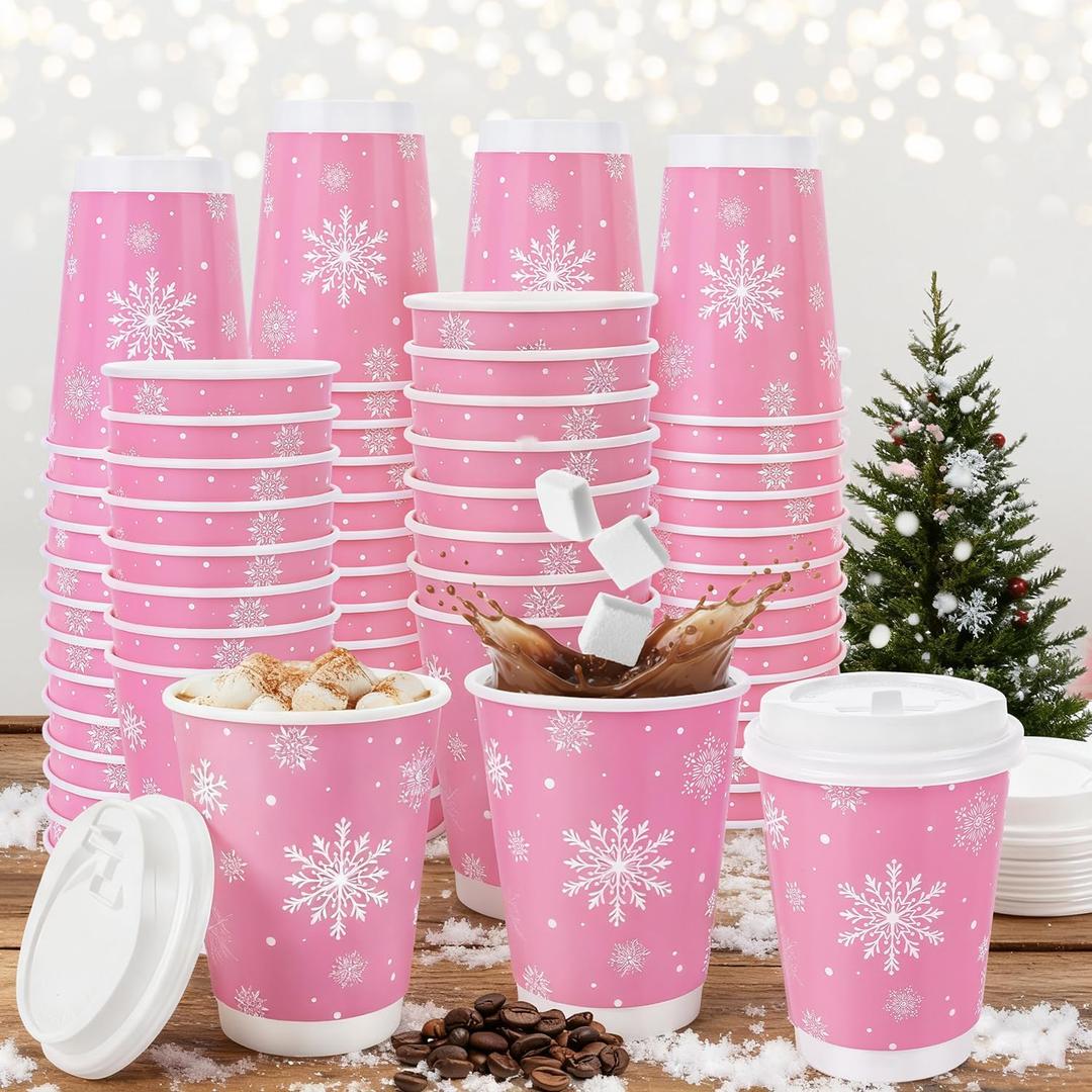 60 Pcs 12 Oz Pink Christmas Coffee Cups with Lids Snowflake Winter Wonderland Disposable Cups Insulated Paper Cups Togo Cups for Hot Chocolate Water Tea Xmas Holiday Birthday Party Supplies
