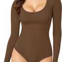 Womens Long Sleeve Body Suits Scoop Neck Thong Bodysuits Shirts Trendy Fall Going Out Tops Y2K 2025 (X-Small, Coffee)