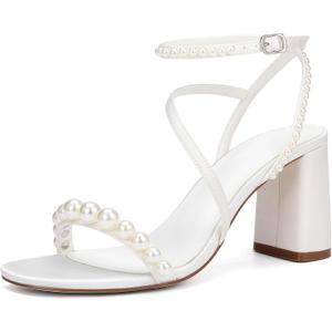 Women's Pearl Embellished Ankle Strap Sandals, Block Heel, White Satin, Wedding Party Shoes,3.3 Inches 8.5, Ivory White