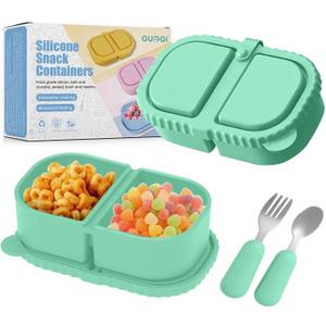 Silicone Snack Containers for Kids, Green, 8.5Oz, 2-Compartment | Includes Spoon and Fork, BPA Free, Leak Proof, Great for Toddler/Kid/Adult Meal Prep