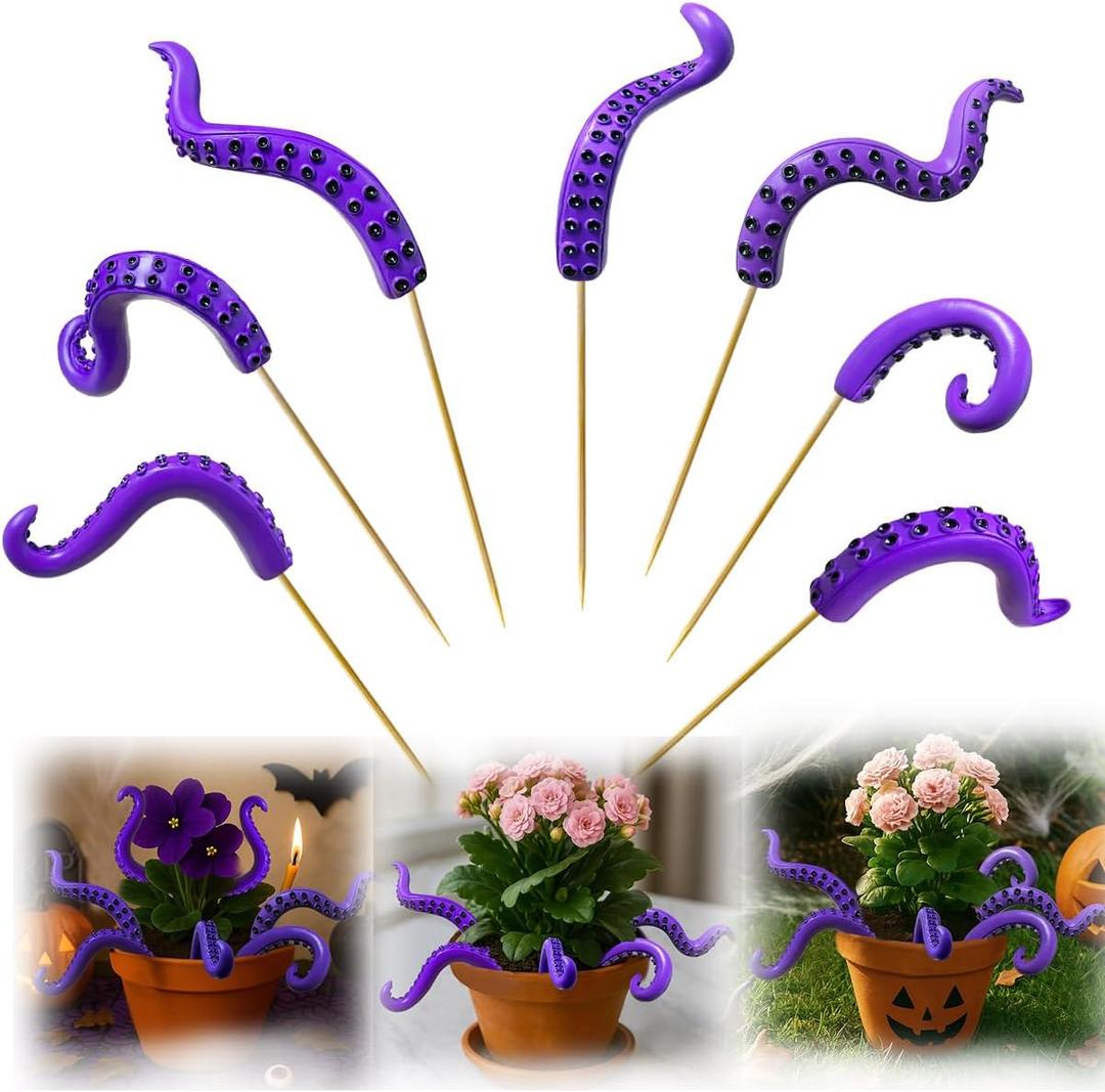 INLOLLY Octopus Tentacle Plant Stakes Set of 7 – Hand-Painted Resin Purple & Black Tentacles for Sea Witch Decorations, Halloween Tentacle Decor, Garden Pots, Office Tentacle Decor