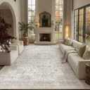 PureCozy 9x12 Area Rug Washable Neutral Beige Vintage Living Room Bedroom Carpet Non Slip Low Pile Soft Floral Indoor Large Throw Rug for Dining Room Office