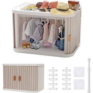 Doll Wardrobe Storage Box, Foldable Doll Closet with 10 Hangers and Rod for 15/17cm Doll Clothes Stackable Organizer Cabinet with Dust-Resistant Cover and Display Shelf (Pearl Grey)