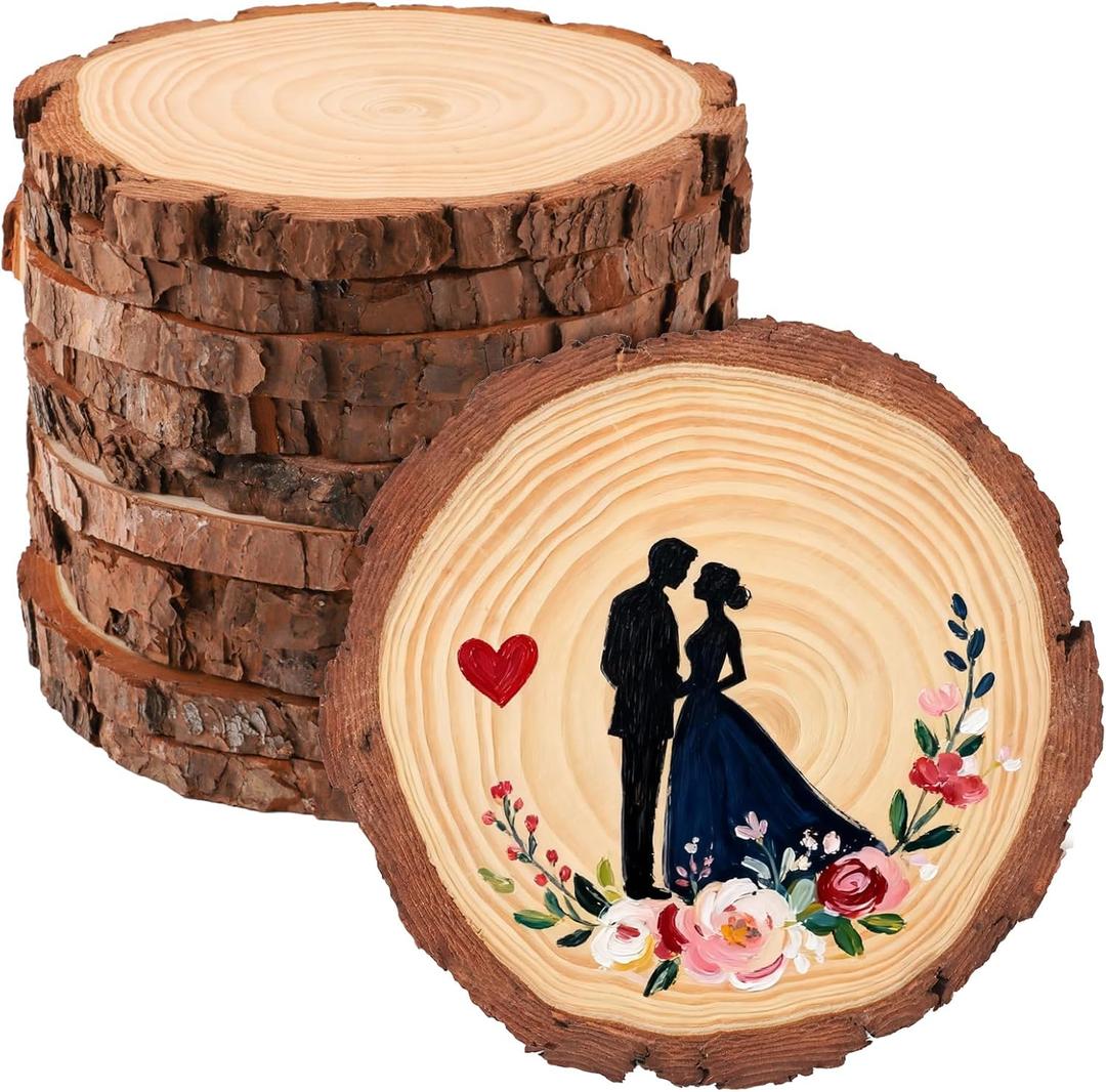 FSWCCK 10 Pack Nature Unfinished Round Wood Slices, 7-7.8 Inches Wooden Circle, Large Wood Slabs for Weddings Centerpieces Decor and DIY Painting Crafts (7"-7.8")