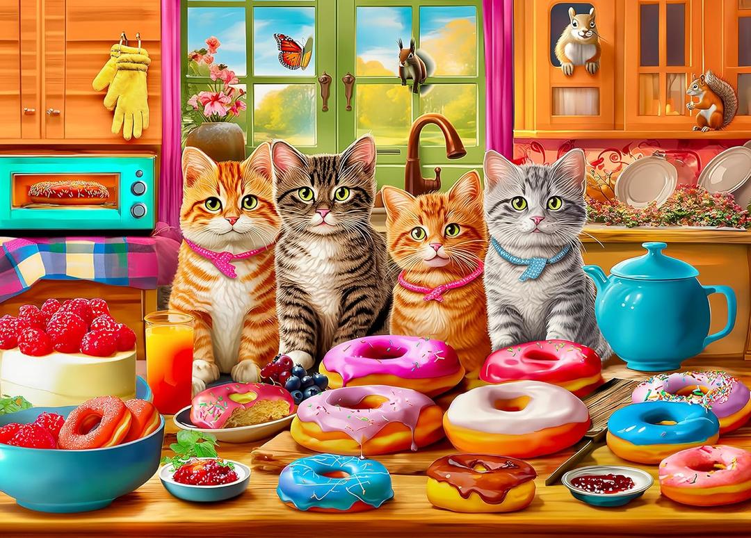 300 Piece Puzzles for Kids Boys Girls Ages 6-8 8-10 10-12 - Jigsaw Puzzles for Adults - Kitchen Kittens and Donuts