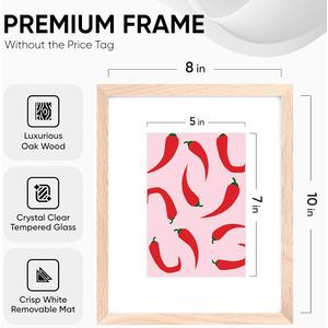 Homeforia Set of 1 8x10 Premium Oak Wooden Picture Frames with 5x7 Mat, Tempered Glass, and Wall Hook Included