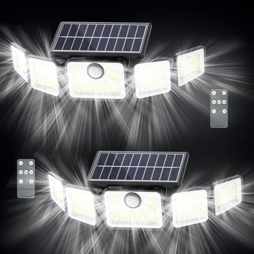 SZPOWER 6000LM Solar Lights Outdoor, Solar Flood Lights Outdoor, 230 LED 5 Heads Motion Sensor Lights Waterproof with Remote Control for Outside Yard House Patio 2 Pack