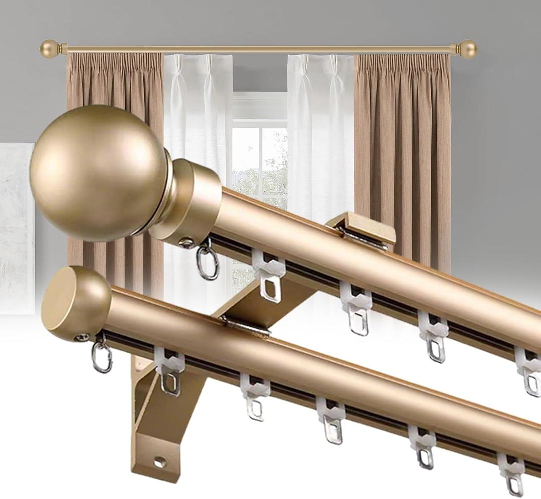Double Curtain Rods for Windows, Heavy Duty Dual Rod Wall Mount Track Slilent Aluminum Alloy Brackets with Decorative Round Finials Rail for Bedroom/Living Room/Window/Hotel (Golden,2.6m(8.5ft))