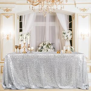 B-COOL 60x102 Inch Silver Tablecloth Christmas Rectangle Silver Sequin Tablecloth Sequin Table Linens Glitter Tablecloth Wedding Sequin Tablecloth for Xmas Halloween