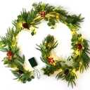 6ft prelit Lighted Christmas Garland with LED Lights,Battery Powered with Pine Cones,Eucalyptus Leaves,Berries, Pine Needles,Christmas Garland for Fireplace Mantle Decorations. (Green)