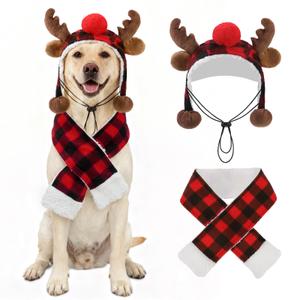 SCENEREAL Dog Christmas Outfit - Elk Hat and Buffalo Scarf Costumes Set for Large Dogs, Funny Pet Xmas Holiday Outfits Clothes, Puppy Cosplay Party Apparel Accessory