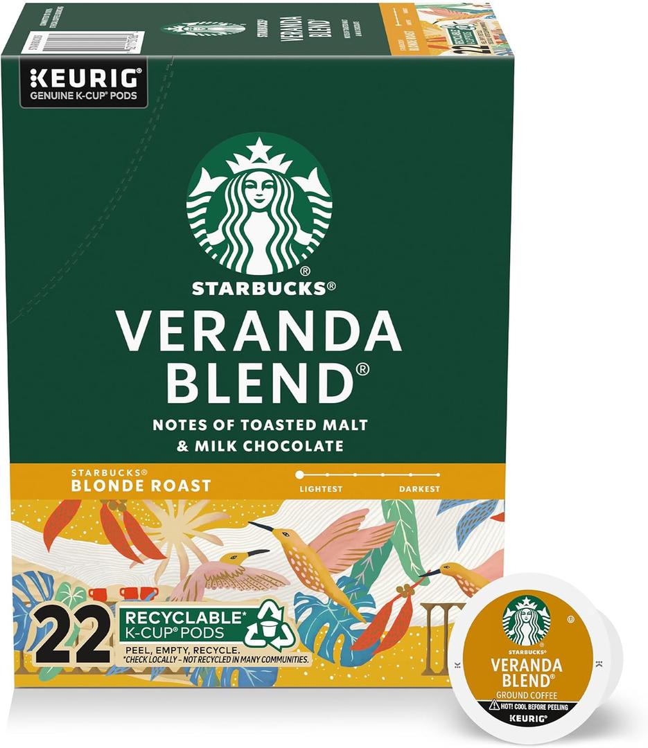 Starbucks K-Cup Coffee Pods, Starbucks Blonde Roast Hot or Iced Coffee, Veranda Blend, 22 Keurig Pods