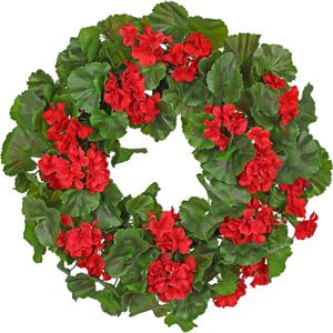 Briful 24 Inch Realistic Artificial Geranium Wreath with Red Silk Flowers and Green Plastic Leaves, Premium PVC Grapevine Base, Indoor Outdoor Front Door Garden Wall Decor