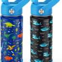 Fimibuke Kids Insulated Water Bottle, 18oz BPA FREE Kids Cups with Straw Double Wall Vacuum Tumbler 18/8 Stainless Steel Leak Proof Toddler Water Bottle for School Boys Girls (2 Pack, Dinosaur/Shark)