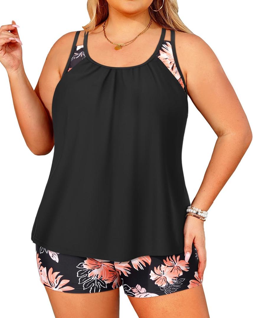 Tempt Me Women Plus Size Tankini Swimsuits - Two Piece Tummy Control Bathing Suits with Shorts 2025 Swimwear (Black Floral)