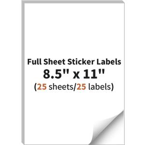 Full Sheet Sticker Labels, 8.5" x 11", 25 Sheets, 25 Labels, White Matte Paper, Compatible with Inkjet & Laser Printers