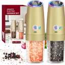 CIRCLE JOY Gravity Electric Salt and Pepper Grinder Set with 2-Speed, Rechargeable Salt and Pepper Grinder Set, Adjustable Coarseness, Whiet LED Light (Rechargeable/Gold Set/2-Speed)