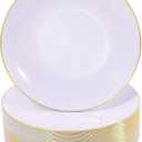 Nervure 100 Pieces Gold Plastic Plates - 10.25 inch Gold Dinner Plates - Heavyweight White and Gold Disposable Plates Ideal for Wedding & Party