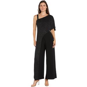 R&M Richards Elegant Formal Jumpsuit W/Asymmetrical Glitter Knit Overlap & One Shoulder Strap (20 Plus, Black)