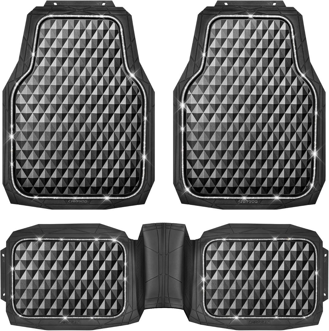 CAR PASS Bling Diamond Black Rubber Car Mats, Heavy Duty Deep Dish All-Weather Floor Mat Anti-Slip 3D Rhombus Waterproof Trim to Fit Liner Universal Glitter Sparkly Shining Rhinestone, 3 Pcs Silver