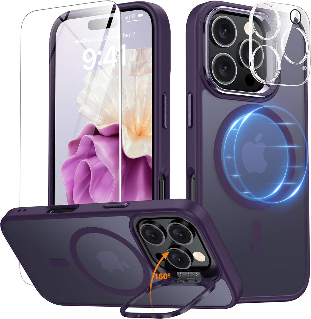 Magnetic & Stand for iPhone 16 Pro Max Case with 9H Screen & Lens Protector[Fit for Magsafe][Metal Kickstand][Colorful Frame] Translucent Matte Back Skin-Touch Phone Case for iPhone 16 Pro Max