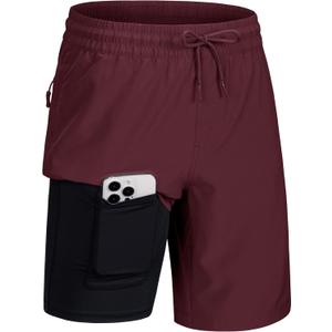 MAGCOMSEN Men's Swim Trunks with Compression Liner 9" Quick Dry Beach Shorts with Zipper Pockets (32, Wine Red)