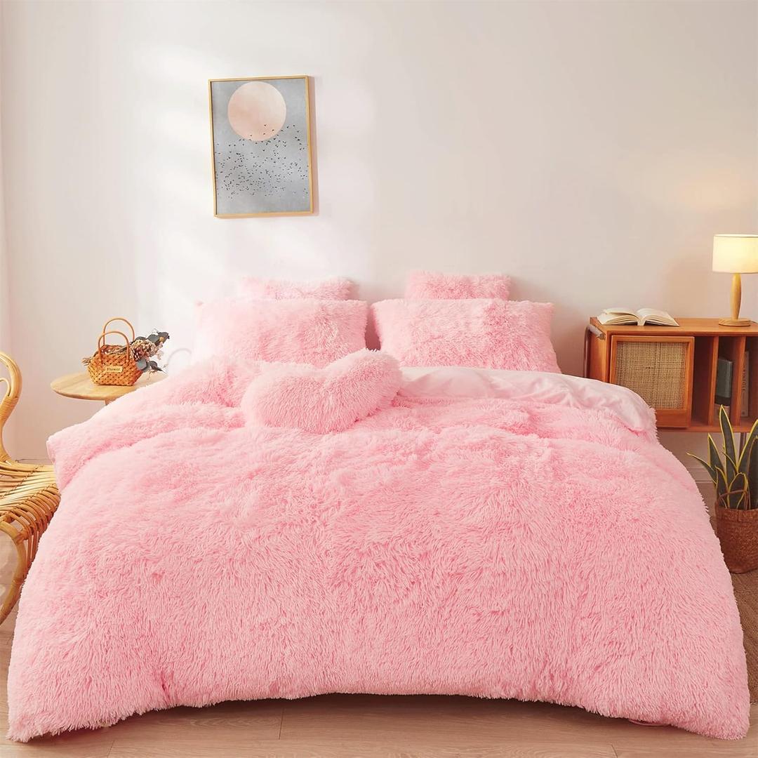 Fluffy Faux Fur Pink Comforter Cover Set Queen - Ultra Soft Plush Pink Bedding Sets 3 Pieces (1 Fluffy Duvet Cover + 2 Faux Fur Pillow case) Cute Bed Set (Light Pink, Queen)