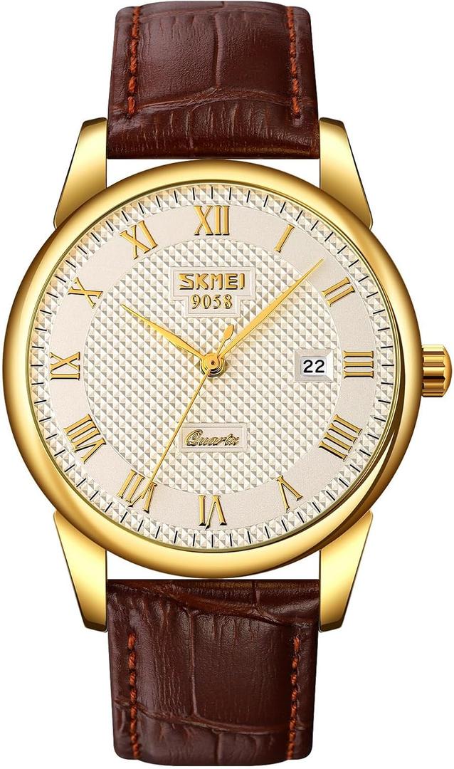 Mens Womens Quartz Watch Roman Numeral Business Casual Fashion Analog Wrist Watch Classic Calendar Date Window 30M Waterproof Comfortable Leather Watches (Gold Silver)