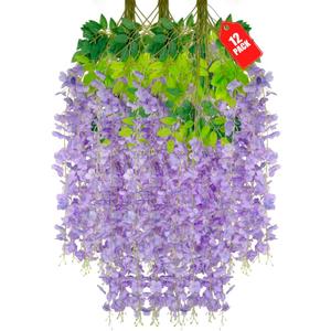 12 Pack Light Purple Wisteria Hanging Flowers, 3.77 Ft Fake Hanging Flowers, Artificial Wisteria Garland Vines for Wedding Room Backdrop Outdoor Patio Garden Decoration
