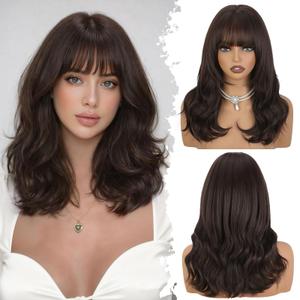 XIXIBI Dark Brown Wigs with Bangs for Women, 4x4 Realistic Scalp Layered Curly Wavy Synthetic Wigs, Beginners Friendly Free Parting Natural Looking Heat Resistant Wig for Daily Party Use 18Inch