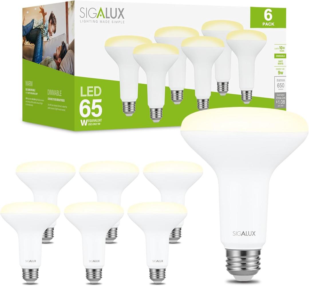 Sigalux Dimmable LED Flood Lights, BR30 Bulbs, 650LM 2700K Soft White, E26 Base, UL Listed, Pack of 6 (6 Count (Pack of 1), 65w-soft White)