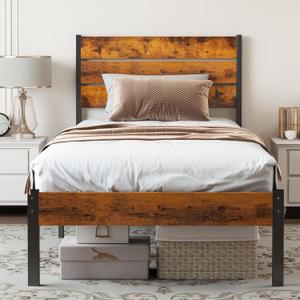 Sweetcrispy Twin Size Metal Platform Bed Frame - Mattress Foundation with Headboard and and Footboard, No Box Spring Needed with 700LBS Sturdy Wooden Slats Support, Noise Free, Easy Assembly (Rust Brown)