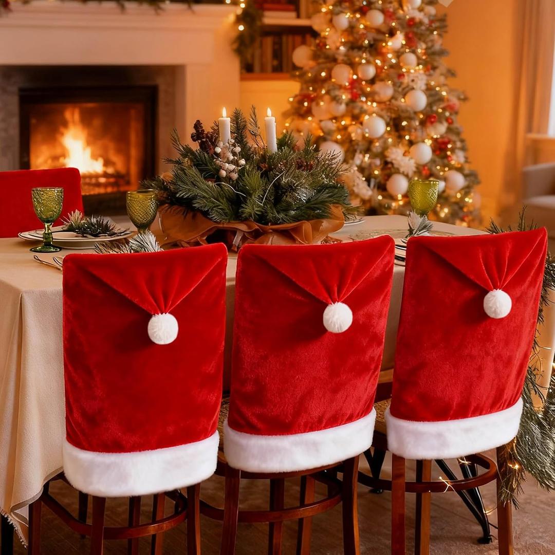 VADOO 2 PCS Christmas Chair Covers, Santa Claus Hat Slipcover Xmas Chair Back Cover for Christmas Holiday Dinning Room Decoration (2pcs+2pcs Silverware Holder)