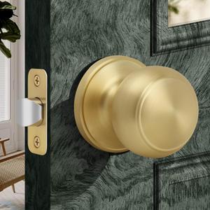 Moquin Gold Passage Door Knob Without Lock or Key, Non-Locking Interior Flat Ball Door Knob for Hallway or Closet, Satin Brass