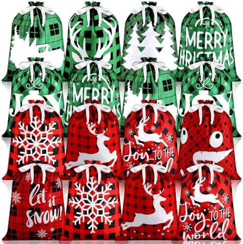 Windyun 15 Pcs Christmas Drawstring Bags Bulk Large Xmas Buffalo Plaid Drawstring Cloth Gift Bags 12 x 16 Inch Gift Wrapping Storage Sack for Party Favor (Red, Black, Green Buffalo Plaid)