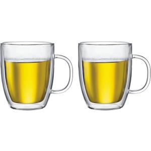 Bodum 15oz Bistro Double Wall Insulated Mug, High-Heat Borosilicate Glass, Set of 2, Clear