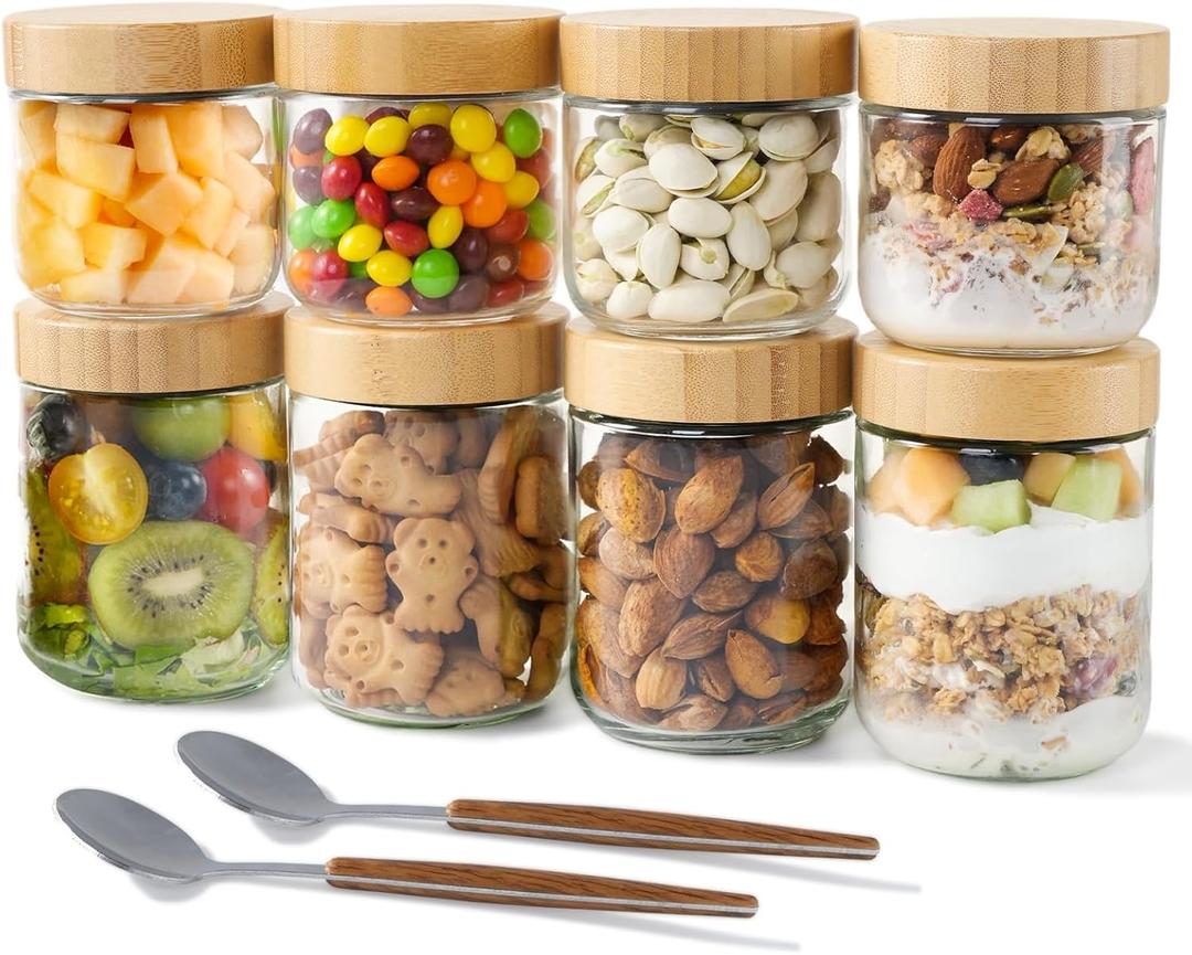 Agotglmi Glass Jars with Airtight Lids, Overnight Oats Containers Set of 8(16oz & 8oz), Wide Mouth Mason Jars for Meal Prep, Salad, Snack, Food Storage, Bathroom Organizer & DIY Crafts with 2 Spoons