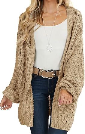 Womens Cardigan Solid Color Long Sleeve Open Front Chunky Knit Sweater Outwear
