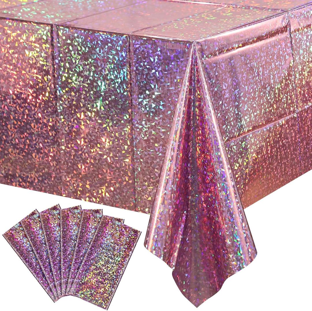6 Pack New Iridescent Pink Tablecloth Party Decorations, Holographic Pink Glitter Plastic Tablecloth, Disposable Laser Rectangle Table Cover for Disco Birthday 70s Theme Party Decorations, 54x108 Inch