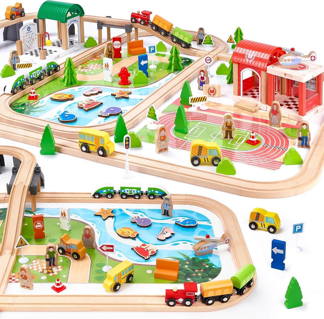 Wooden Train Set 175-Piece for Toddlers Kids Ages 3-8, Double-Sided Expandable Train Track with Puzzles & Magnetic Fishing Toys Compatible with Major Brands, STEM Railway Playset Gifts for Boys Girls