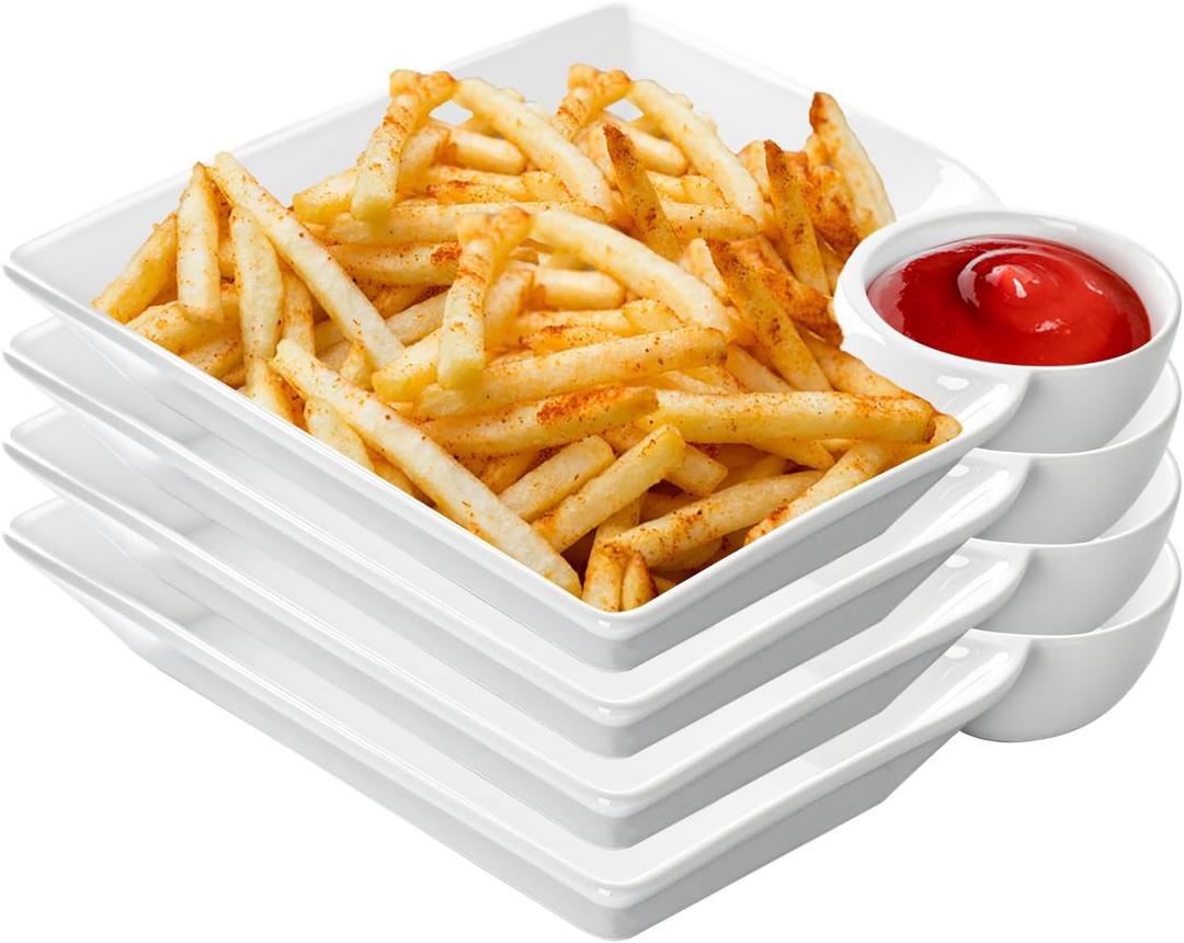 Chip and Dip Serving Platter Set, 8 Inch Ceramic Divided Snack Plates Set, Sushi Plates with Sauce Section, Perfect for Chip & Dip, Dumpling, Appetizer, Taco, Sushi, Fried Chicken, Set of 4