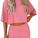 Jenisso Women 2 Piece Lounge Set 2026 Summer Short Sleeve Crop Tops Shirts Matching Shorts Travel Outfit Clothes (Pink, XL)