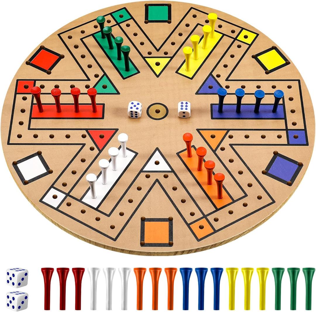 Wooden 3-6 Players Board Game Set with 24 Pieces and 2 Dice, Fast Track Game Night for Adult Teens Family Game, 6 Colors (14.2 Inch)