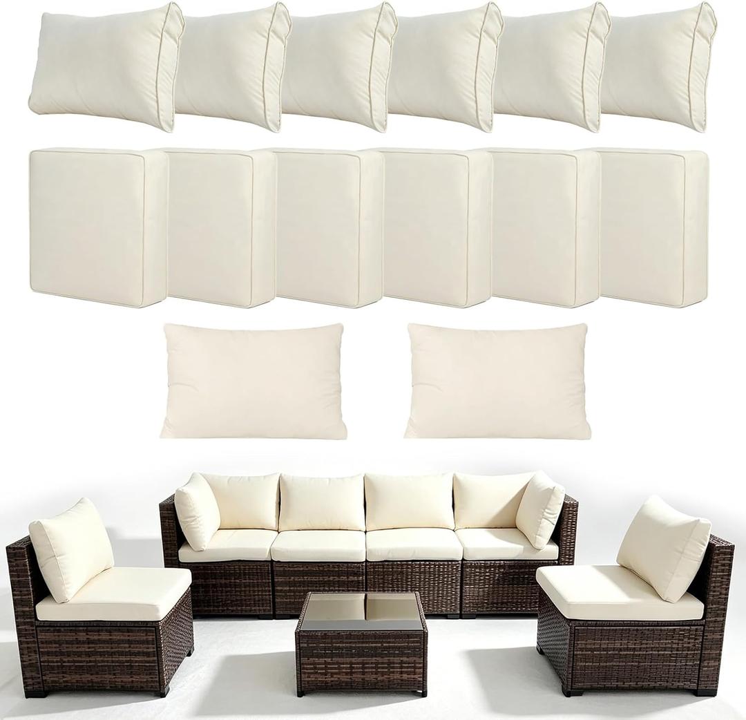 Loungewave 14Pcs Outdoor Cushion Covers, Patio Cushion Covers Replacement for Patio Furniture Sofa Couch, Soft Flexibility Washable Reusable Furniture Protector (Beige,Cover Only)