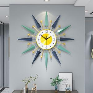 Large Modern Wall Clock for Living Room Decor,24 Inch Big Decorative Starburst Metal Wall Clock Battery Operated for Kitchen Bedroom Office,Silent Mid-Century Colorful Clock for Home Decor