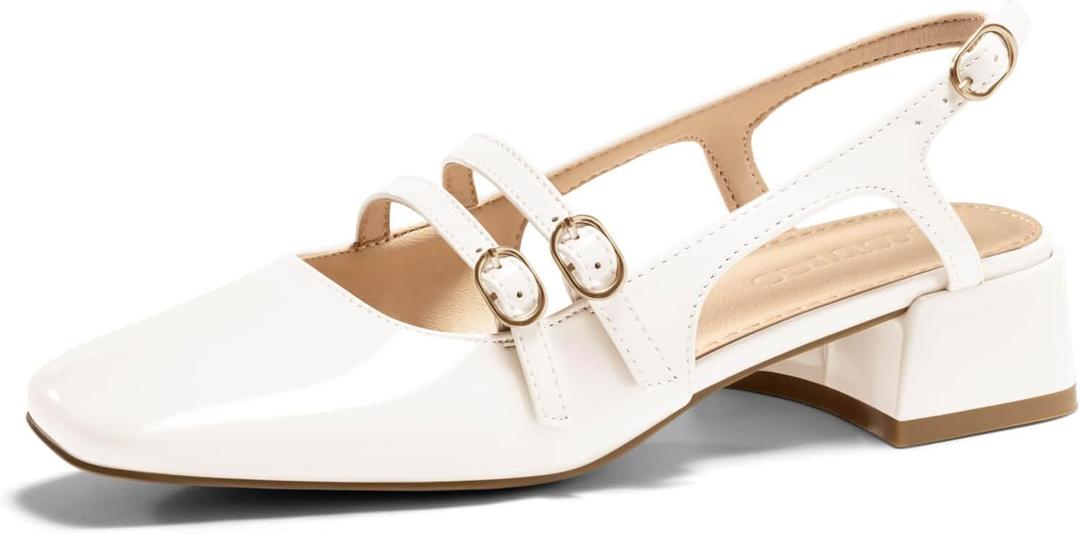 Coutgo Womens Mary Jane Chunky Low Heels Slingback Pumps Closed Square Toe Wedding Dress Shoes (6.5, White)